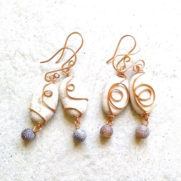 Feminine! Neutral Colors! Natural Stone Beads - Copper Wire Wrapped Design #1 - Picture 5 of 7